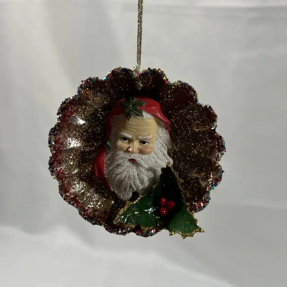 Vintage Round Tart Tin Old World Santa Diorama Mid Century Glitter Ornament